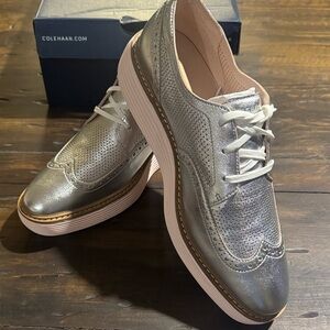 Cole Haan Women's Metallic Silver & Rose Platform Wingtip Sneakers, NWT-Size 10B